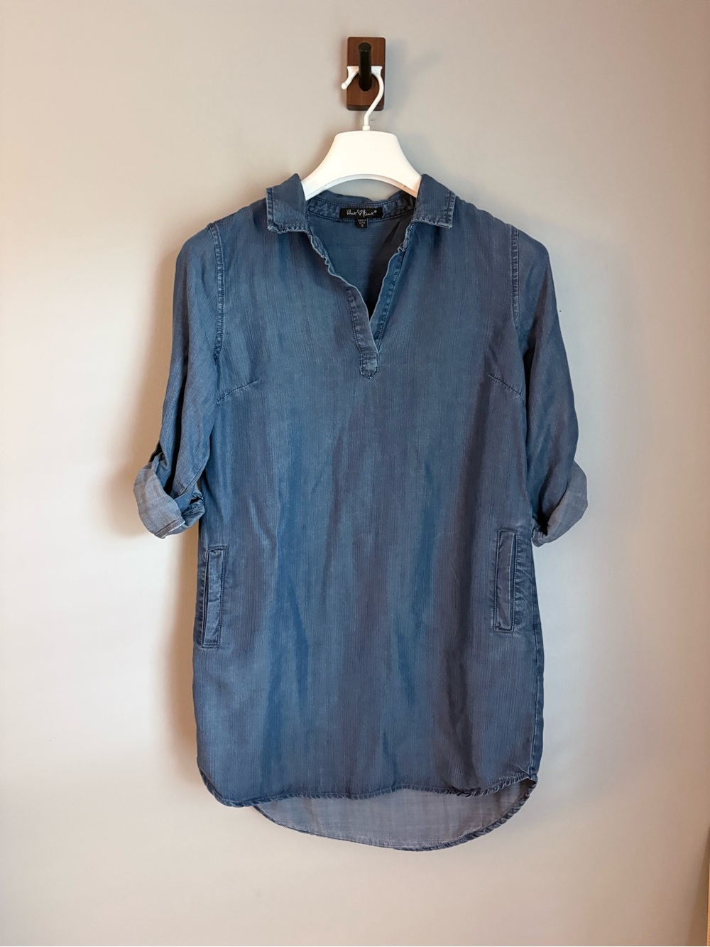 Velvet Heart Tencel Denim Shirt Dress S Blue Roll Tab Pocket Tunic Minimalist